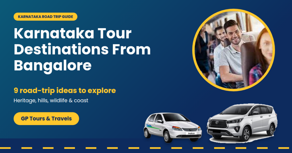 Karnataka Tour Destinations From Bangalore cover graphic with travellers in a vehicle, an Indica and an Innova Crysta