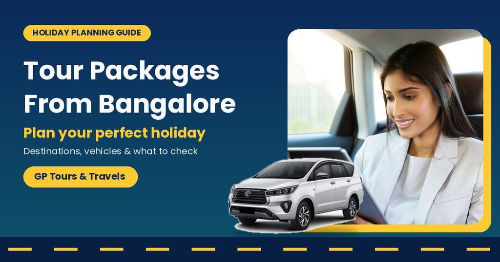 Tour packages from Bangalore: smiling traveller in the back seat of a GP Tours & Travels cab planning a holiday